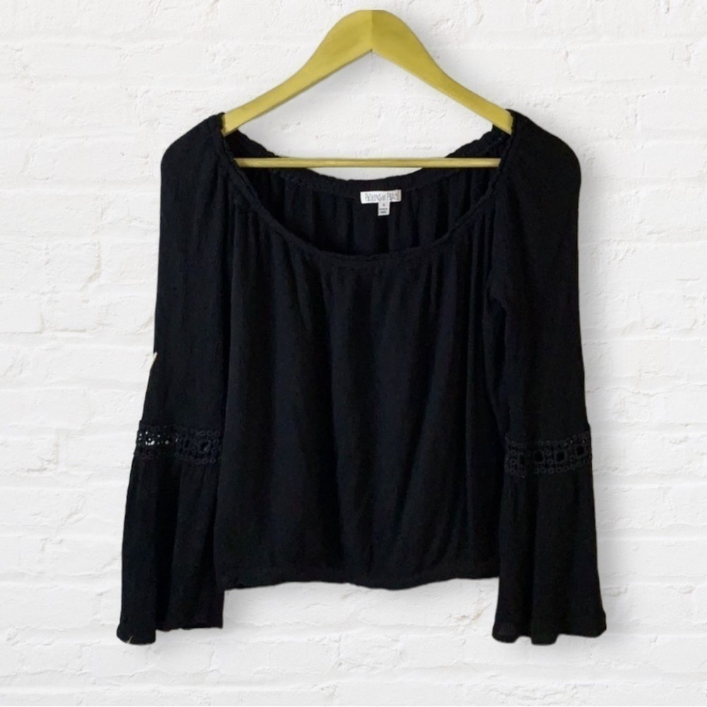 Patrons of Peace black boat neck long bell sleeves lace embellished crêpe top